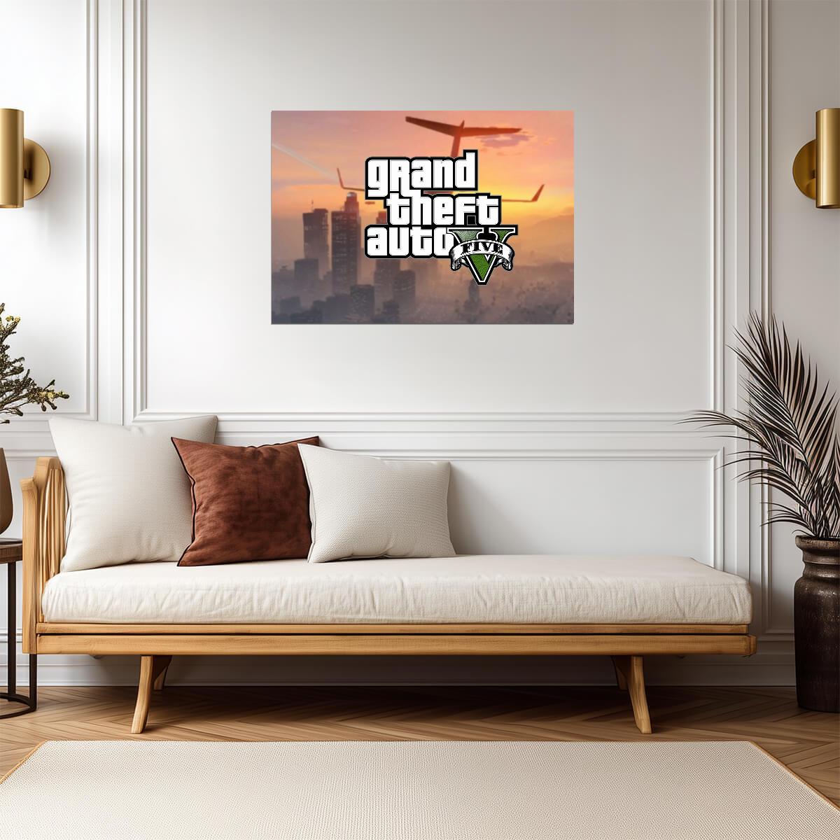 Grand Theft Auto V Logo Over Los Santos Skyline | Minimalist Game Poster | Action-Adventure Decor - Video Games Poster