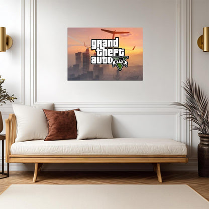 Grand Theft Auto V Logo Over Los Santos Skyline | Minimalist Game Poster | Action-Adventure Decor - Video Games Poster