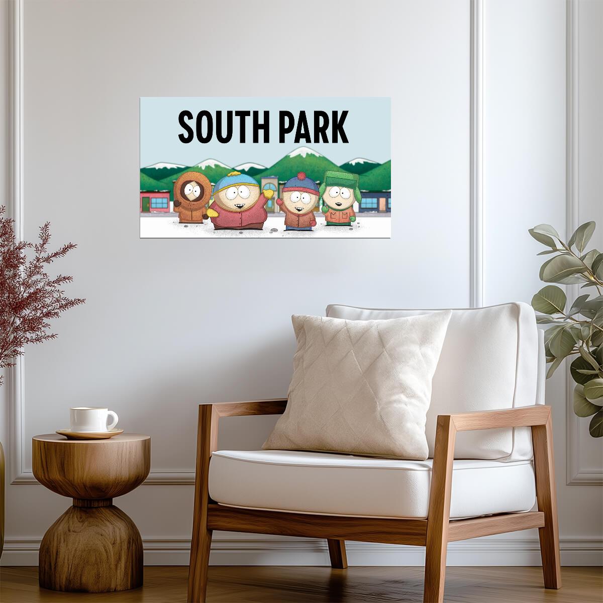 South Park Four Boys & Logo | Snowy Town Background | Adult Cartoon Poster - Movies & TV Poster