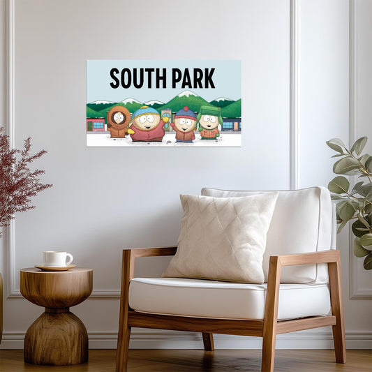South Park Four Boys & Logo | Snowy Town Background | Adult Cartoon Poster - Movies & TV Poster
