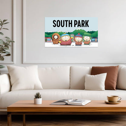 South Park Four Boys & Logo | Snowy Town Background | Adult Cartoon Poster - Movies & TV Poster