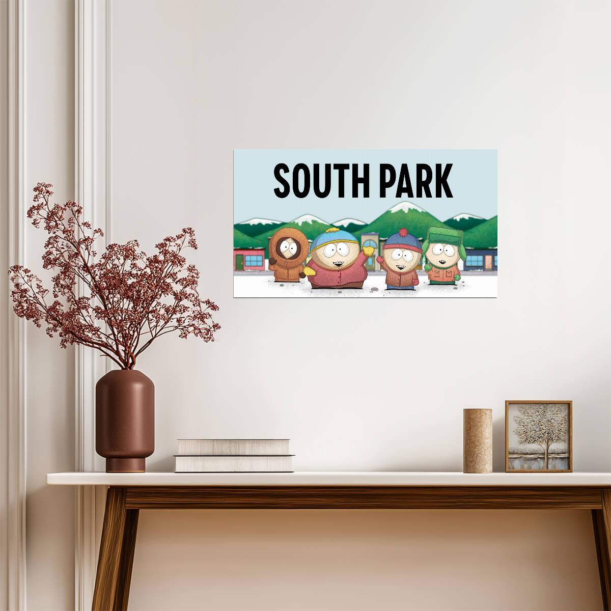 South Park Four Boys & Logo | Snowy Town Background | Adult Cartoon Poster - Movies & TV Poster