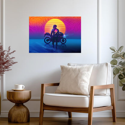 Retrowave Motorcycle Rider | 80s Synthwave Art Poster | Neon Sunset Wall Decor - Cars Poster