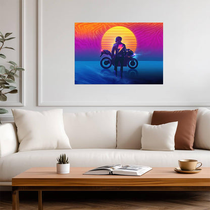 Retrowave Motorcycle Rider | 80s Synthwave Art Poster | Neon Sunset Wall Decor - Cars Poster