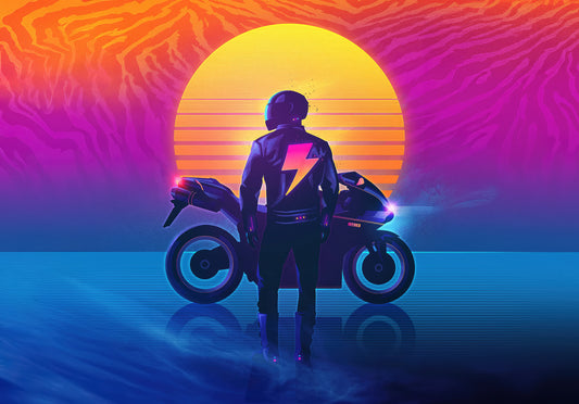 Retrowave Motorcycle Rider | 80s Synthwave Art Poster | Neon Sunset Wall Decor - Cars Poster