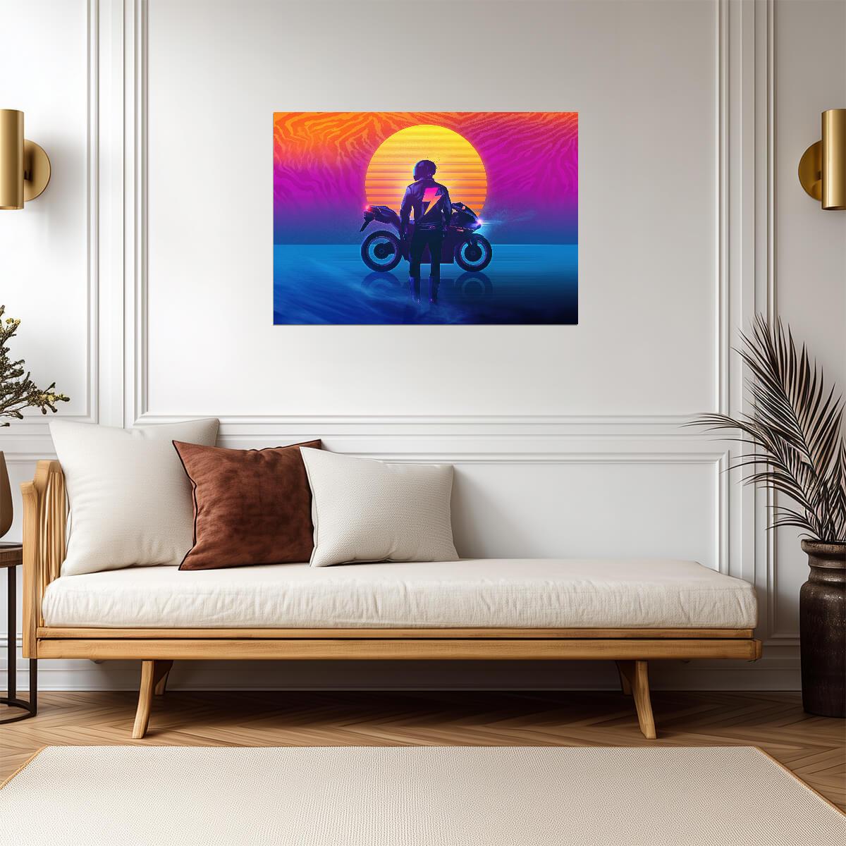 Retrowave Motorcycle Rider | 80s Synthwave Art Poster | Neon Sunset Wall Decor - Cars Poster