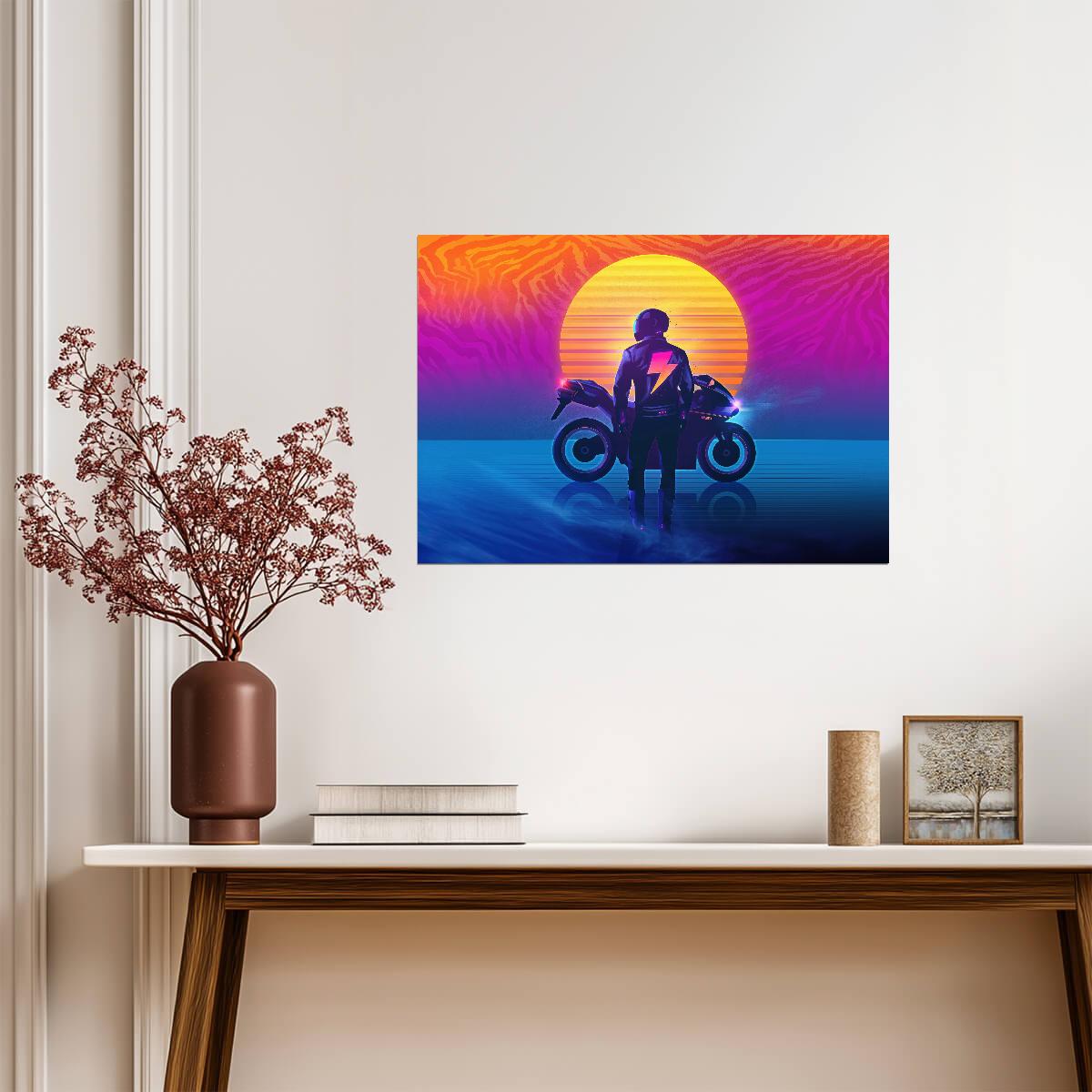 Retrowave Motorcycle Rider | 80s Synthwave Art Poster | Neon Sunset Wall Decor - Cars Poster