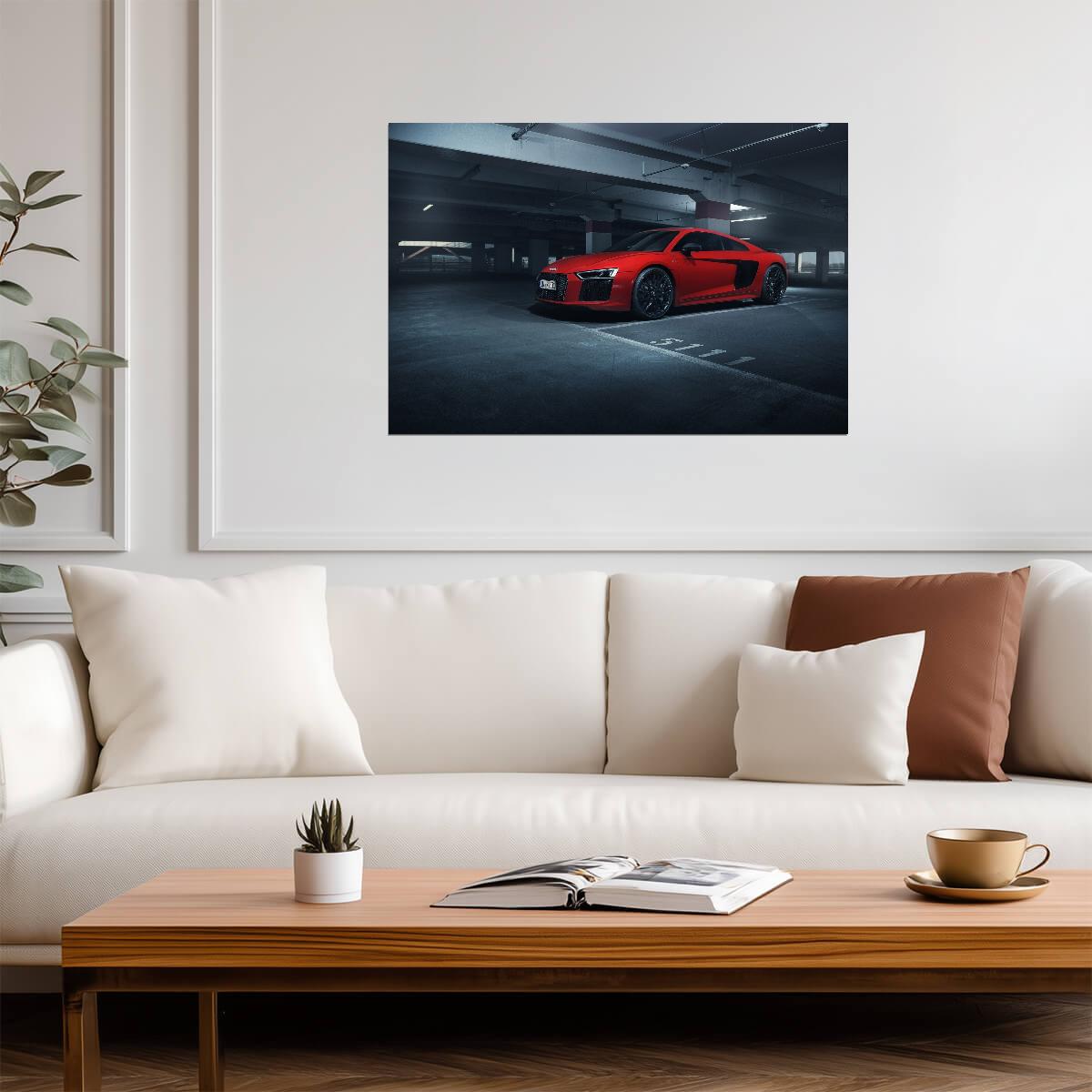 Audi R8 V10 Plus (Gen 2) | Red German Supercar Poster | Sports Car in Parking Garage - Cars Poster