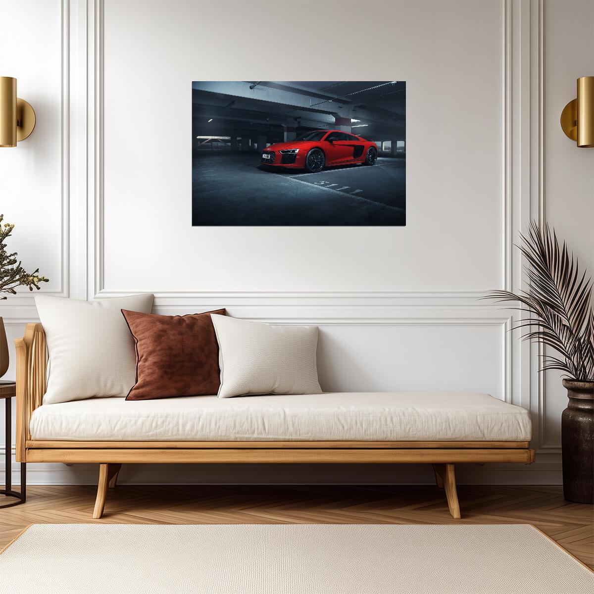 Audi R8 V10 Plus (Gen 2) | Red German Supercar Poster | Sports Car in Parking Garage - Cars Poster