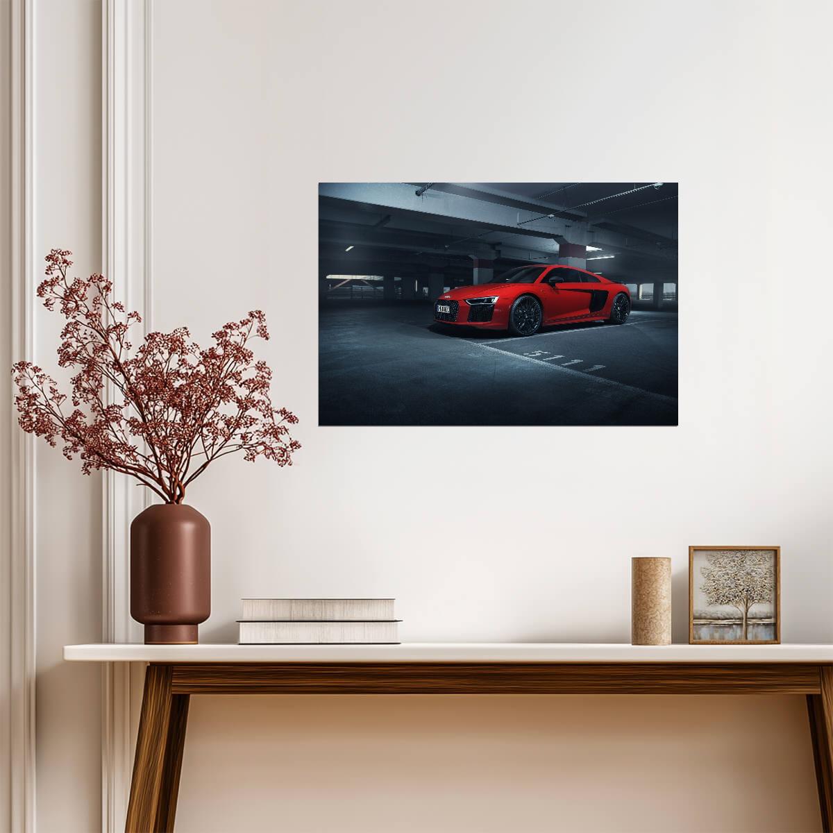 Audi R8 V10 Plus (Gen 2) | Red German Supercar Poster | Sports Car in Parking Garage - Cars Poster