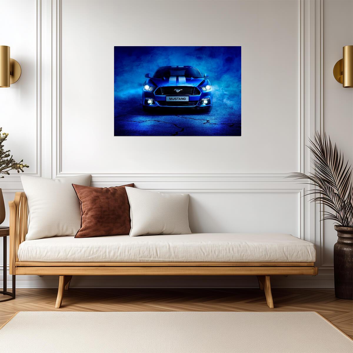 Ford Mustang S550 with Racing Stripes | Blue Muscle Car Poster | Modern American Pony Car Art - Cars Poster
