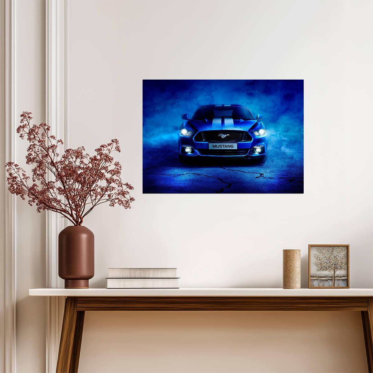 Ford Mustang S550 with Racing Stripes | Blue Muscle Car Poster | Modern American Pony Car Art - Cars Poster