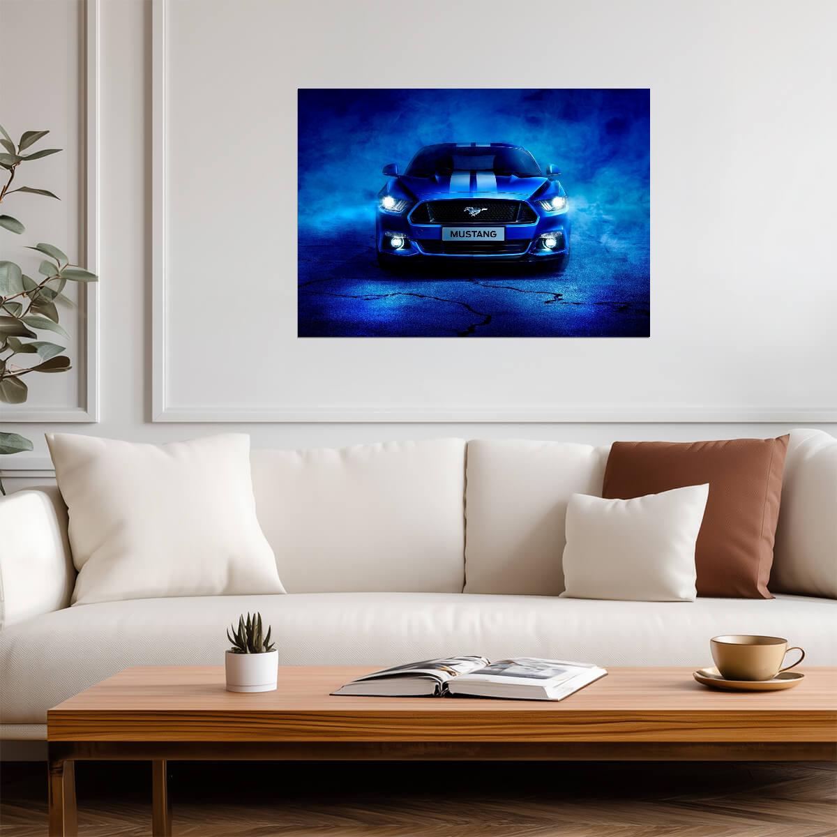 Ford Mustang S550 with Racing Stripes | Blue Muscle Car Poster | Modern American Pony Car Art - Cars Poster