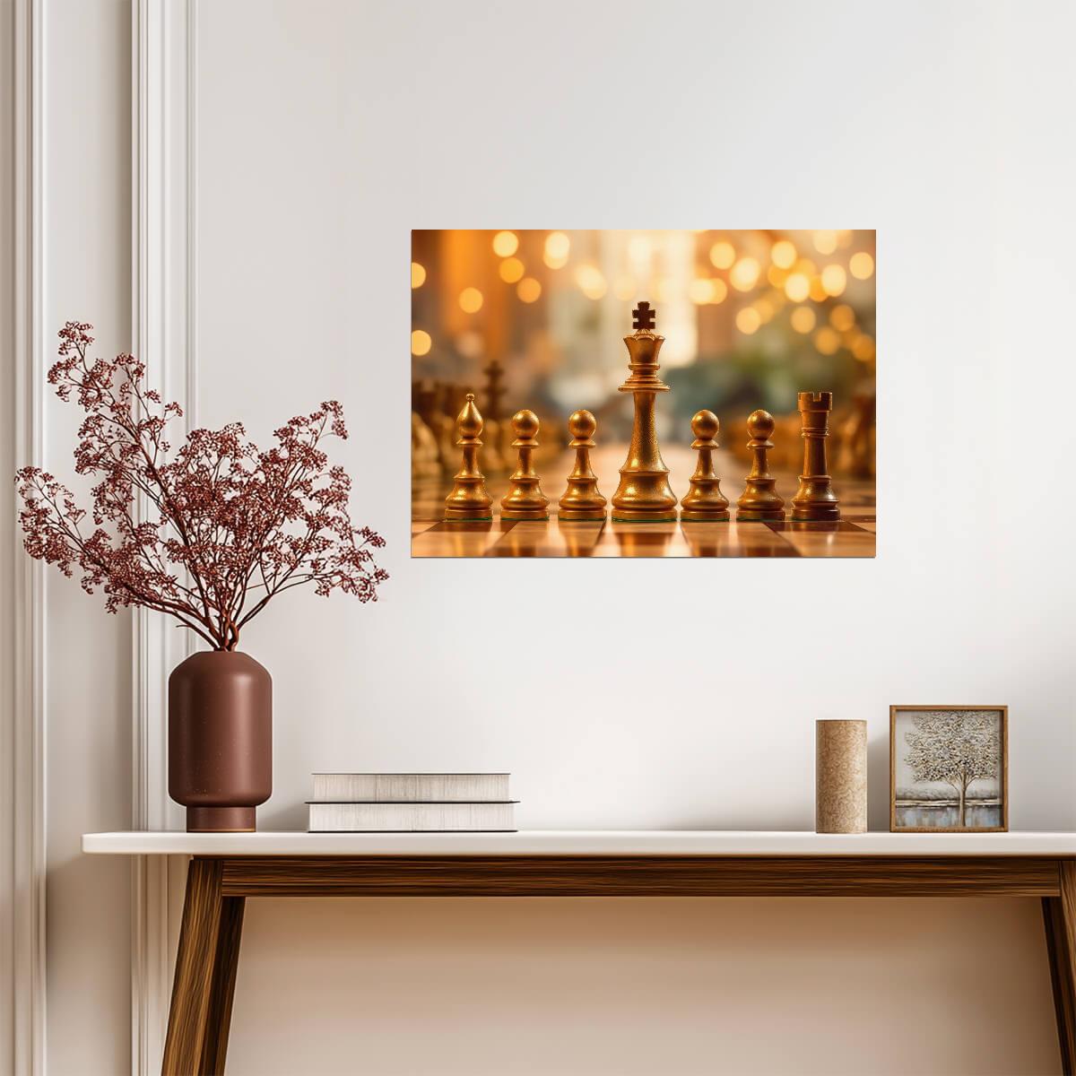 Golden Chess Pieces Macro Photography | Game Poster | Strategy Wall Decor - Sports Poster