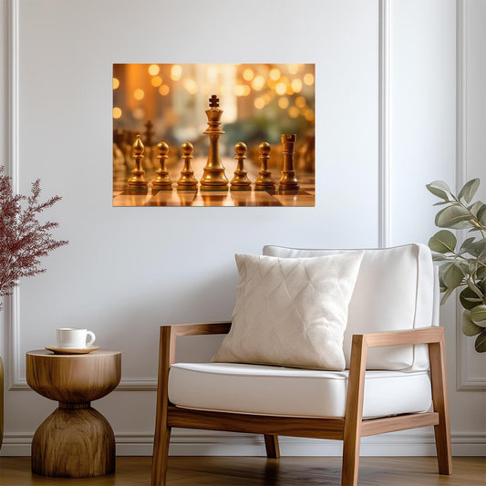 Golden Chess Pieces Macro Photography | Game Poster | Strategy Wall Decor - Sports Poster
