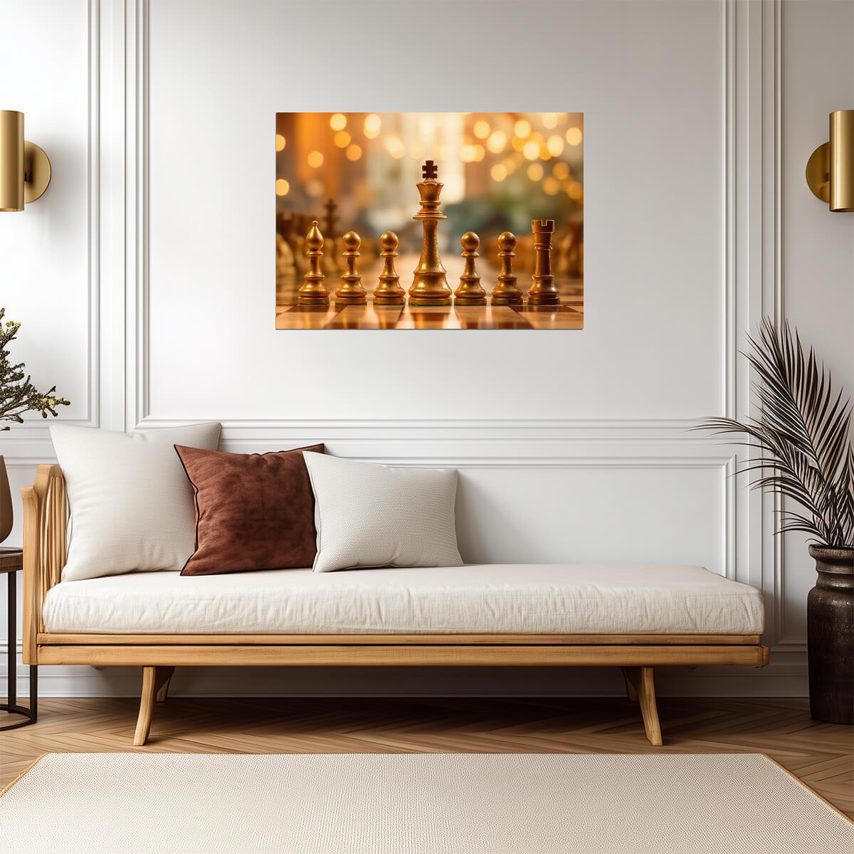 Golden Chess Pieces Macro Photography | Game Poster | Strategy Wall Decor - Sports Poster