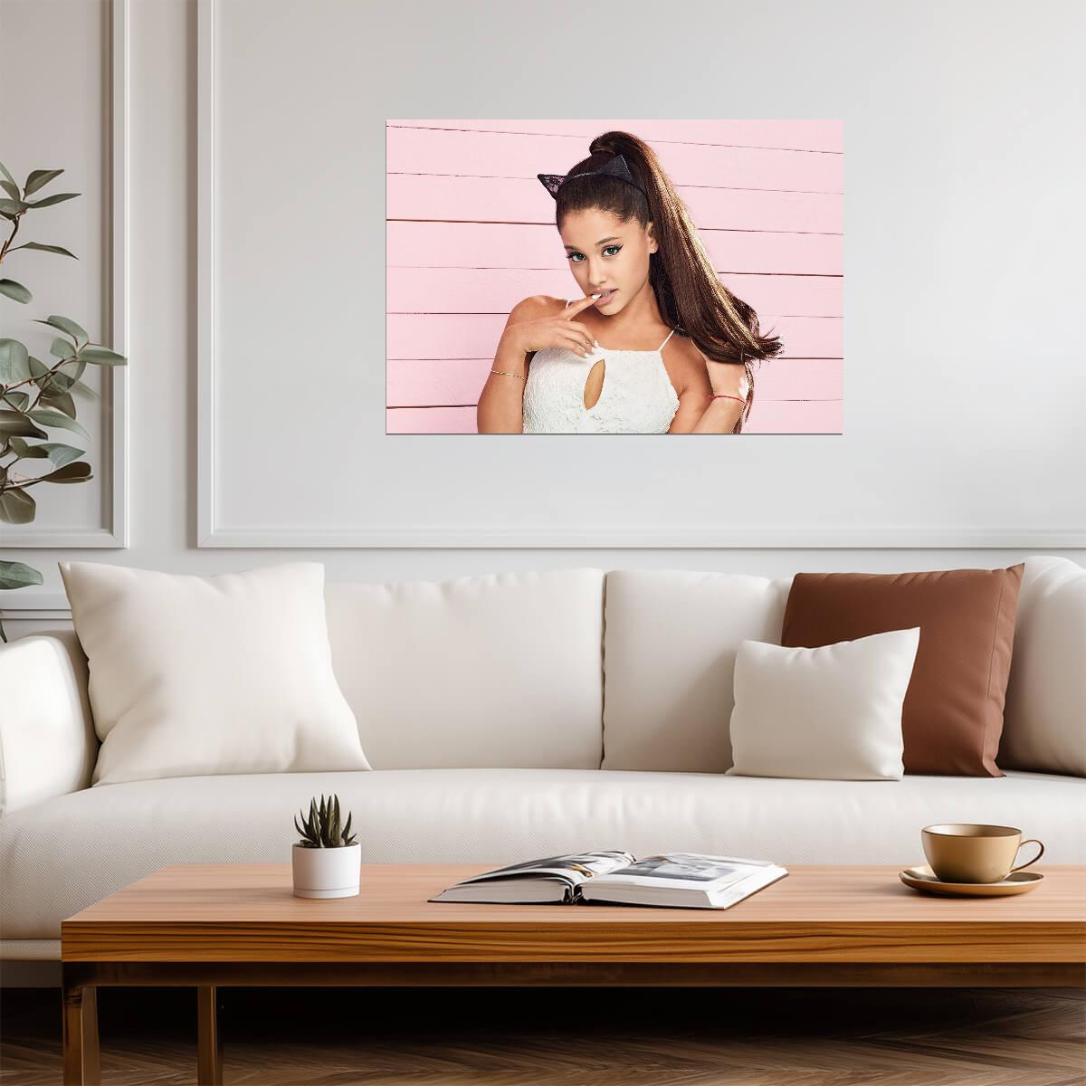 Ariana Grande with Cat Ears | Pink Background Portrait | Music Star Poster - Music Poster