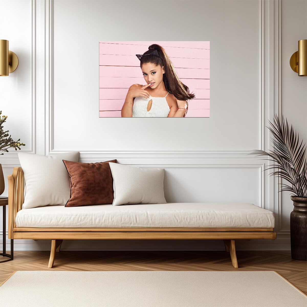 Ariana Grande with Cat Ears | Pink Background Portrait | Music Star Poster - Music Poster