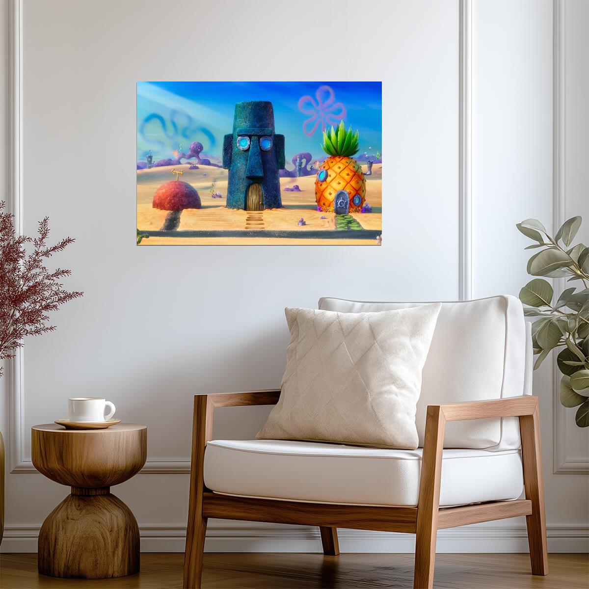 SpongeBob SquarePants Bikini Bottom | Pineapple & Easter Island Head Houses | Cartoon Scenery Poster - Movies & TV Poster