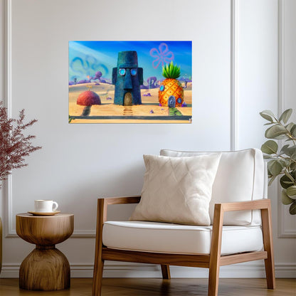 SpongeBob SquarePants Bikini Bottom | Pineapple & Easter Island Head Houses | Cartoon Scenery Poster - Movies & TV Poster