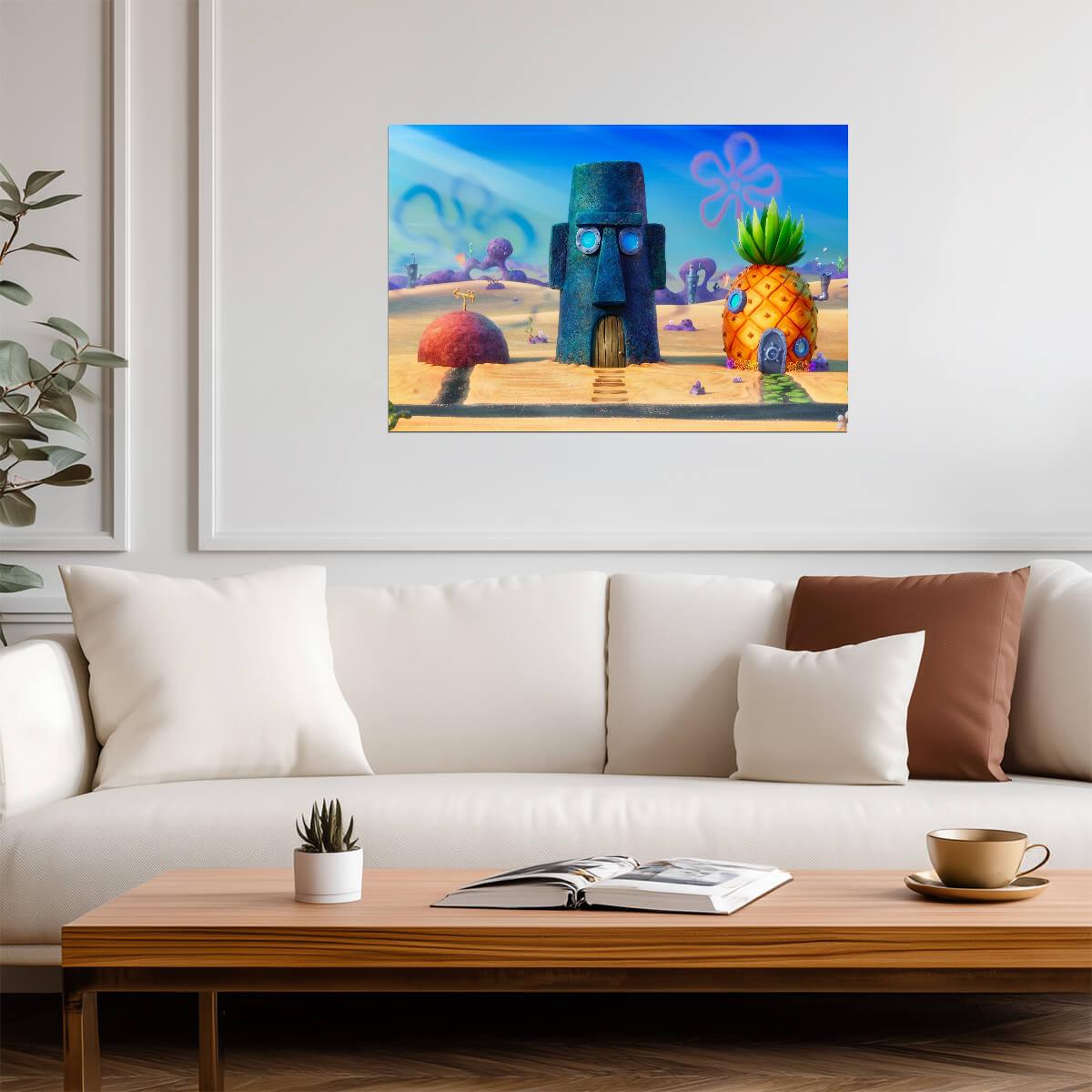 SpongeBob SquarePants Bikini Bottom | Pineapple & Easter Island Head Houses | Cartoon Scenery Poster - Movies & TV Poster