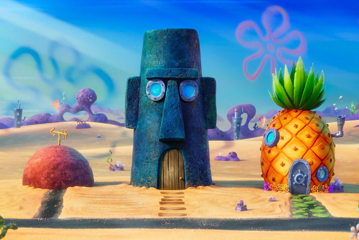 SpongeBob SquarePants Bikini Bottom | Pineapple & Easter Island Head Houses | Cartoon Scenery Poster - Movies & TV Poster