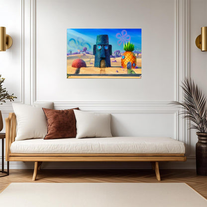 SpongeBob SquarePants Bikini Bottom | Pineapple & Easter Island Head Houses | Cartoon Scenery Poster - Movies & TV Poster