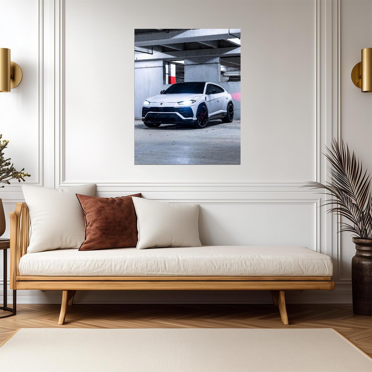Lamborghini Urus | White Luxury SUV Poster | Super SUV in Parking Garage Photography - Cars Poster