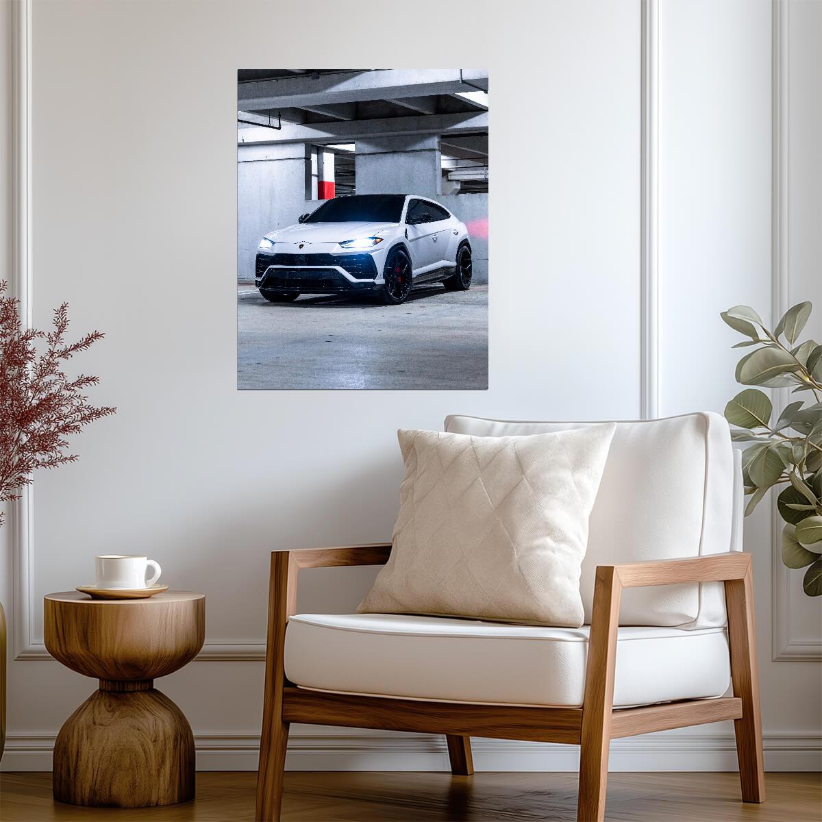 Lamborghini Urus | White Luxury SUV Poster | Super SUV in Parking Garage Photography - Cars Poster