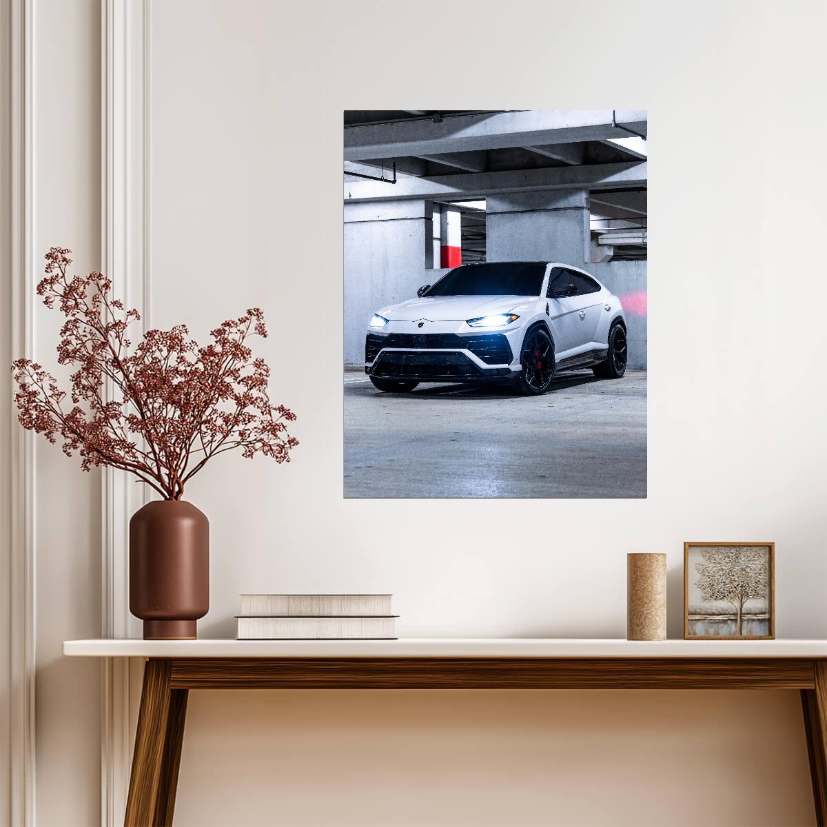 Lamborghini Urus | White Luxury SUV Poster | Super SUV in Parking Garage Photography - Cars Poster