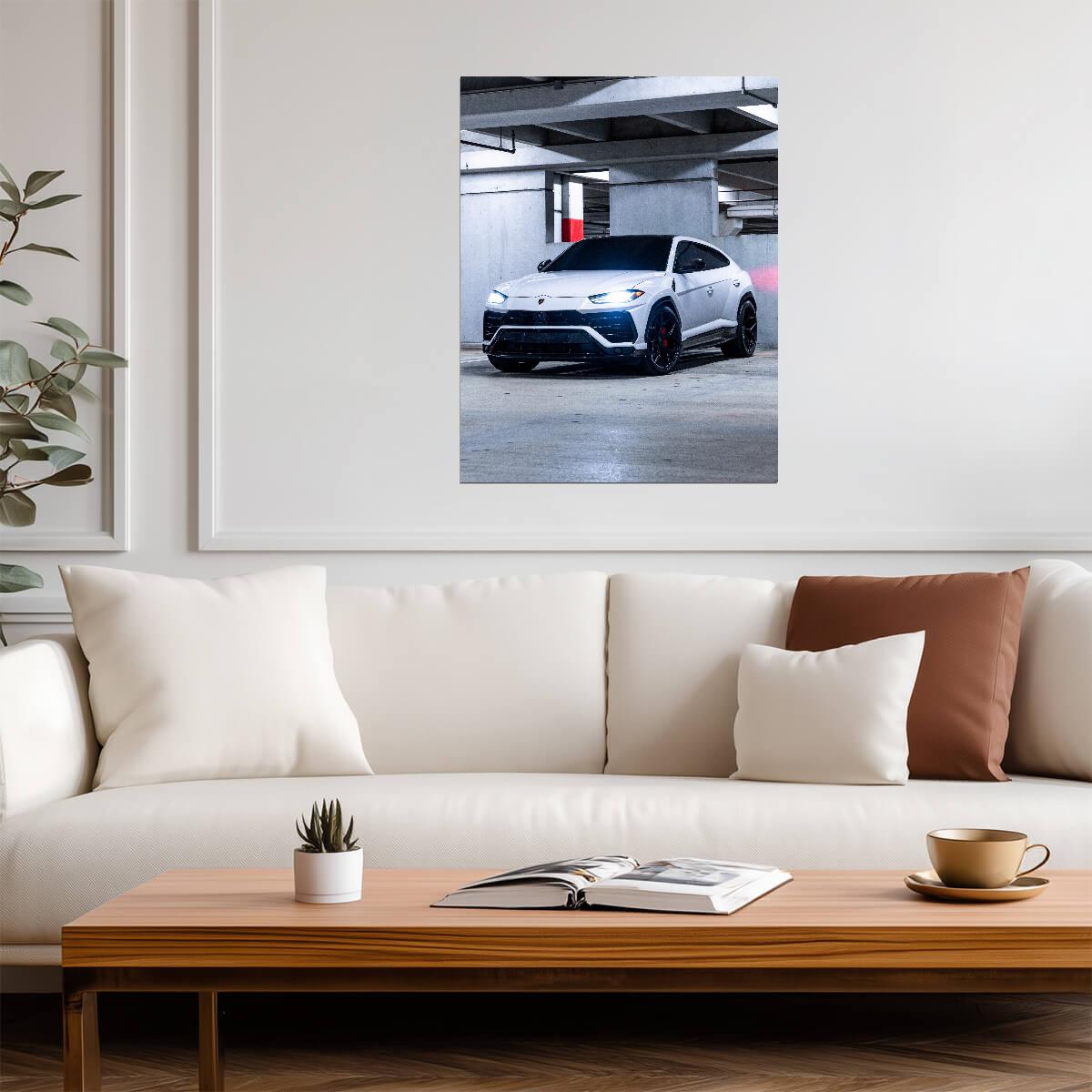 Lamborghini Urus | White Luxury SUV Poster | Super SUV in Parking Garage Photography - Cars Poster