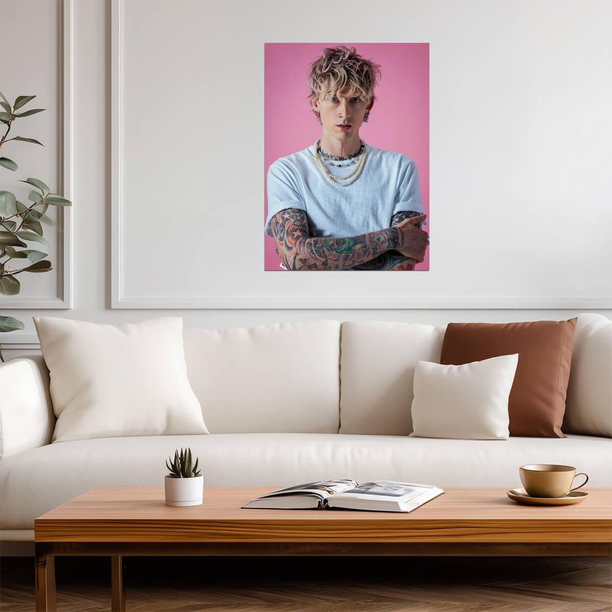 Machine Gun Kelly Pink Background | MGK White Tee & Pearls Portrait | Pop Punk Music Poster - Music Poster