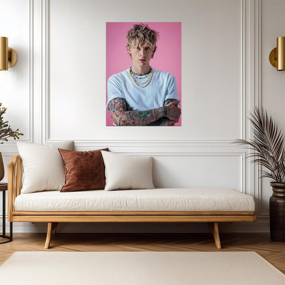 Machine Gun Kelly Pink Background | MGK White Tee & Pearls Portrait | Pop Punk Music Poster - Music Poster