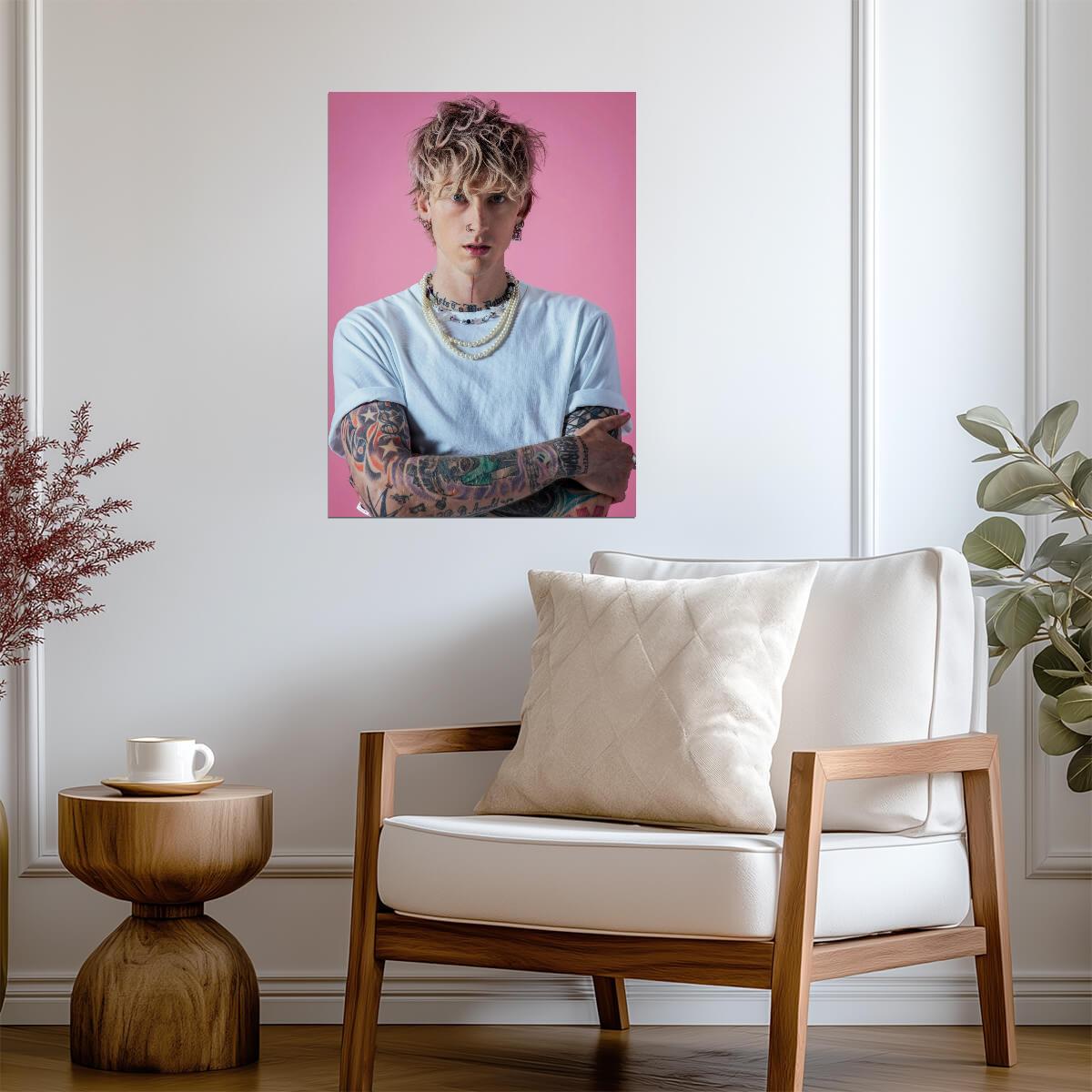 Machine Gun Kelly Pink Background | MGK White Tee & Pearls Portrait | Pop Punk Music Poster - Music Poster