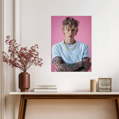 Machine Gun Kelly Pink Background | MGK White Tee & Pearls Portrait | Pop Punk Music Poster - Music Poster