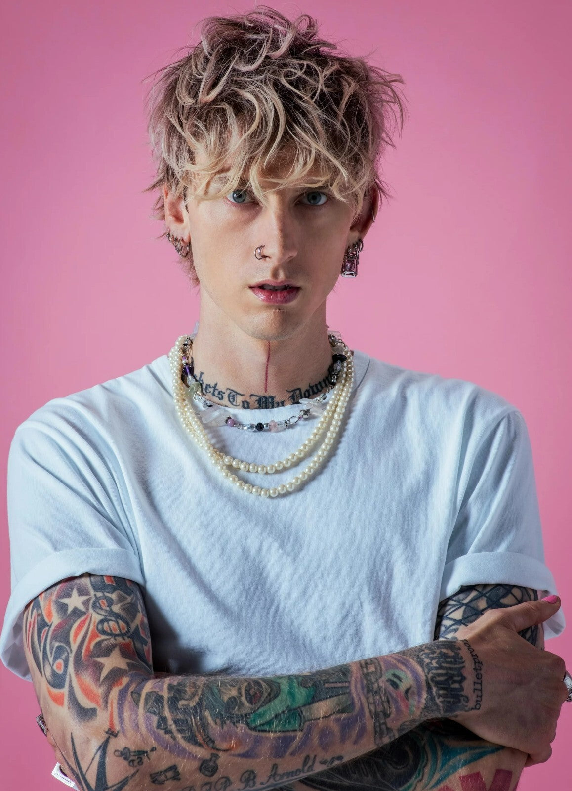 Machine Gun Kelly Pink Background | MGK White Tee & Pearls Portrait | Pop Punk Music Poster - Music Poster