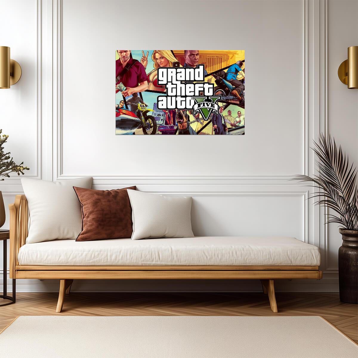 Grand Theft Auto V Character Promo Collage | Action Game Poster | Gamer Gift Wall Art - Video Games Poster