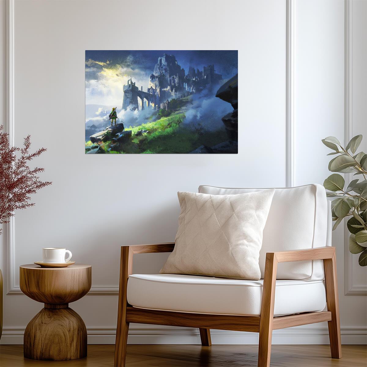 The Legend of Zelda Breath of the Wild Link Overlooking Hyrule Castle | Painterly Landscape Art Poster | Fantasy BOTW Game Decor - Video Games Poster