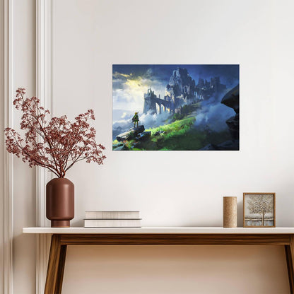The Legend of Zelda Breath of the Wild Link Overlooking Hyrule Castle | Painterly Landscape Art Poster | Fantasy BOTW Game Decor - Video Games Poster