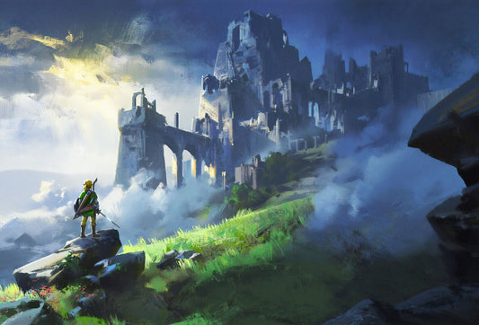 The Legend of Zelda Breath of the Wild Link Overlooking Hyrule Castle | Painterly Landscape Art Poster | Fantasy BOTW Game Decor - Video Games Poster