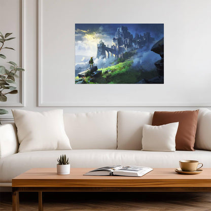 The Legend of Zelda Breath of the Wild Link Overlooking Hyrule Castle | Painterly Landscape Art Poster | Fantasy BOTW Game Decor - Video Games Poster