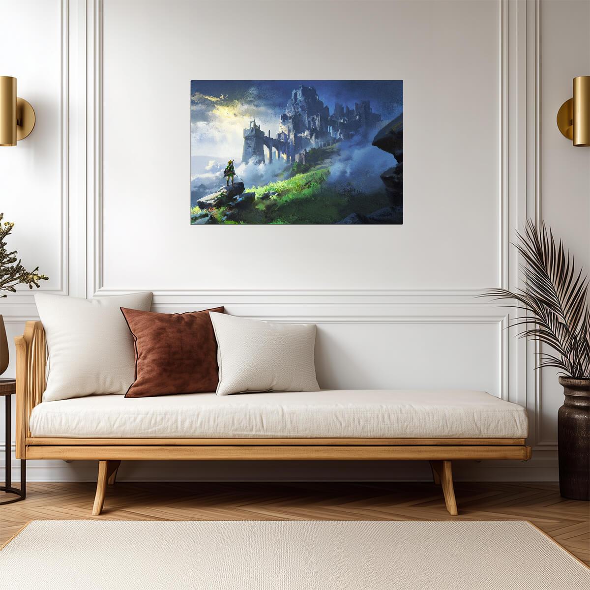 The Legend of Zelda Breath of the Wild Link Overlooking Hyrule Castle | Painterly Landscape Art Poster | Fantasy BOTW Game Decor - Video Games Poster