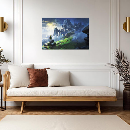The Legend of Zelda Breath of the Wild Link Overlooking Hyrule Castle | Painterly Landscape Art Poster | Fantasy BOTW Game Decor - Video Games Poster
