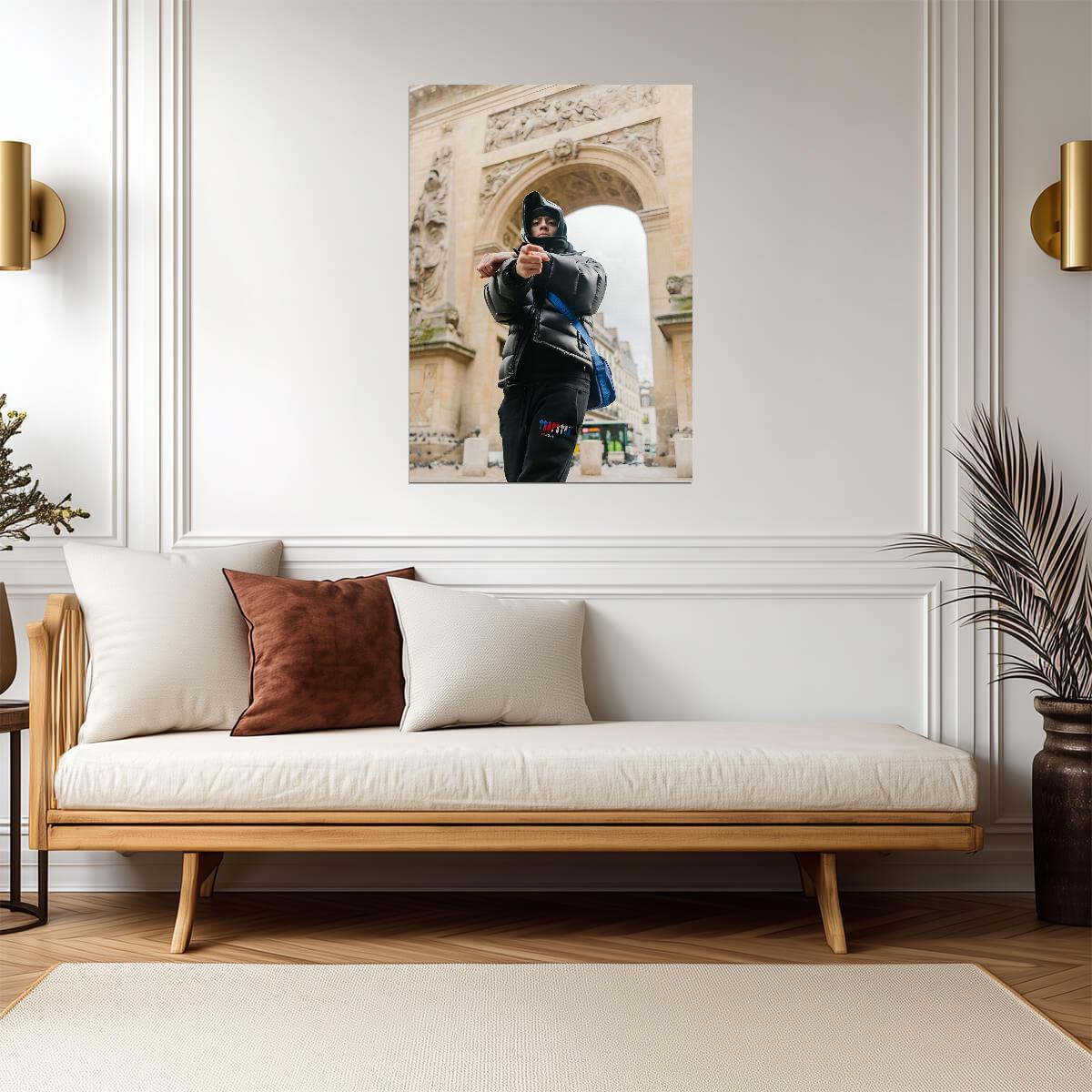 Central Cee in Paris | Black Puffer Jacket Poster | Trapstar Bag Wall Art - Music Poster