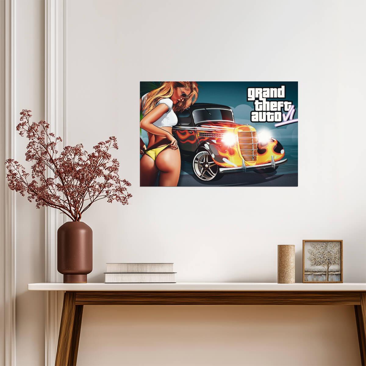 Grand Theft Auto VI Fan Art Hot Rod & Girl | Vice City Style Poster | Action-Adventure Art - Video Games Poster
