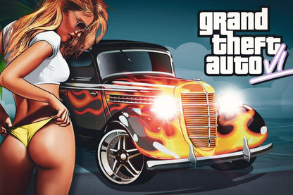 Grand Theft Auto VI Fan Art Hot Rod & Girl | Vice City Style Poster | Action-Adventure Art - Video Games Poster