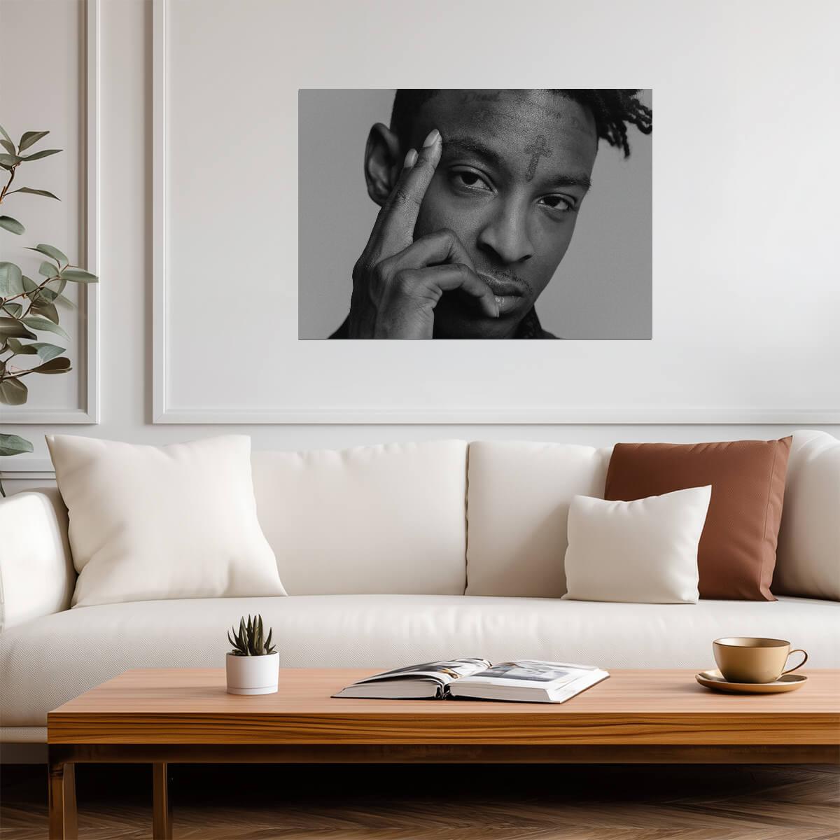 21 Savage Black and White Portrait | Close Up Poster | Hip Hop Star Wall Art - Music Poster