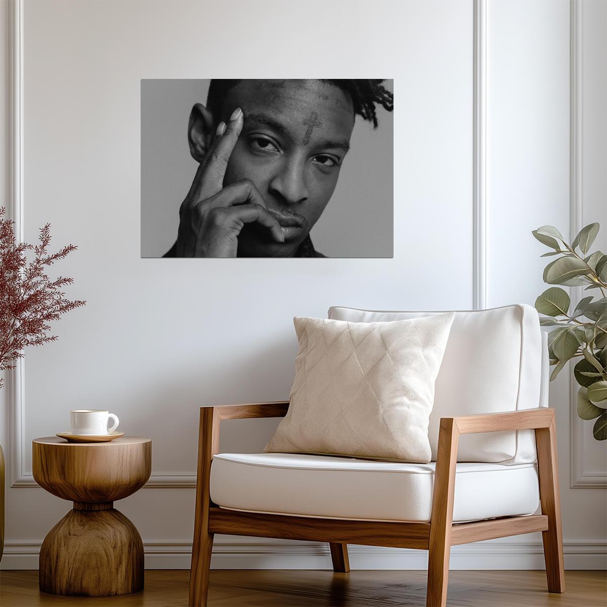 21 Savage Black and White Portrait | Close Up Poster | Hip Hop Star Wall Art - Music Poster