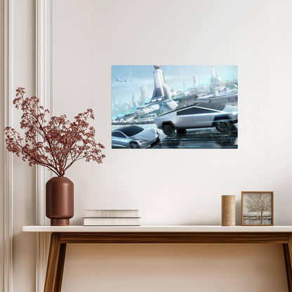 Tesla Cybertruck & Roadster | Futuristic Cityscape Art Print | Sci-Fi Electric Vehicle Poster - Cars Poster