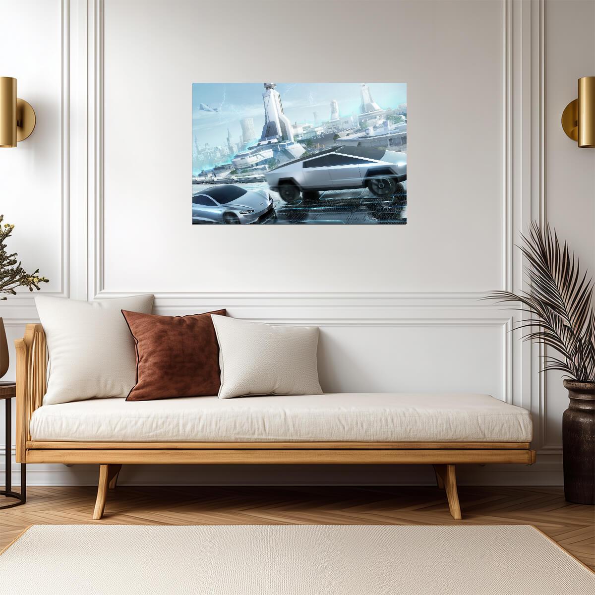 Tesla Cybertruck & Roadster | Futuristic Cityscape Art Print | Sci-Fi Electric Vehicle Poster - Cars Poster